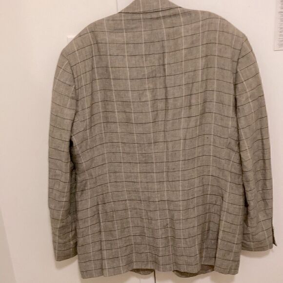 Joseph Abboud Mens Lined Linen Blazer.  Brown /Tan Windowpane Print. Size 44 L. - Picture 2 of 9